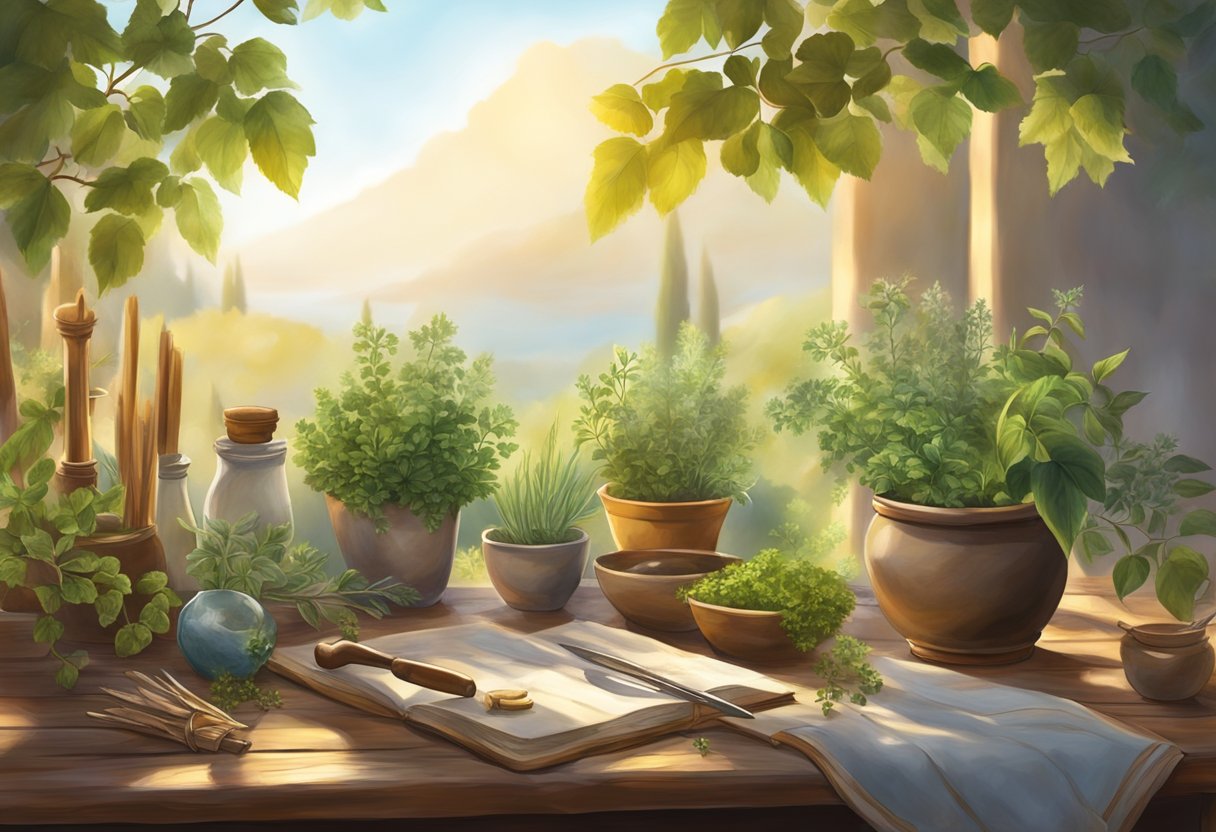 A serene Mediterranean landscape with herbs, plants, and ancient healing tools on a rustic table. Sunlight filters through the leaves, casting a warm glow on the scene