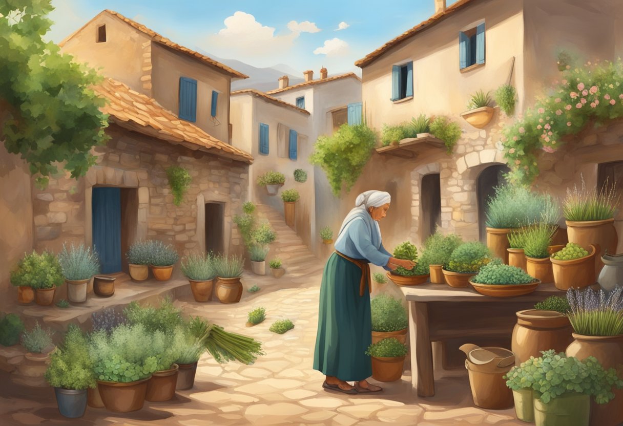 A rustic Mediterranean village with herbs drying in the sun, old women gathering plants, and a traditional healer preparing natural remedies