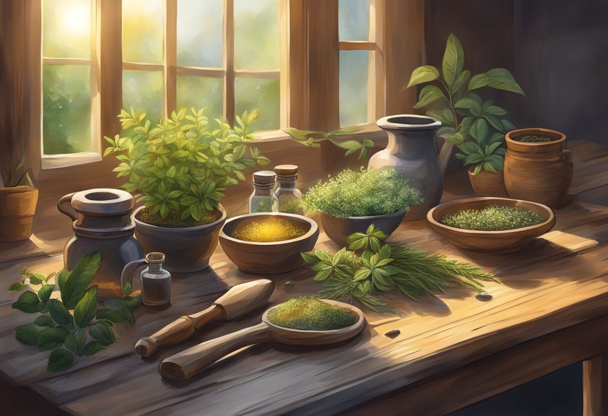 A rustic table adorned with various herbs, plants, and ancient healing tools. Sunlight streams through a window, casting a warm glow on the traditional healing items