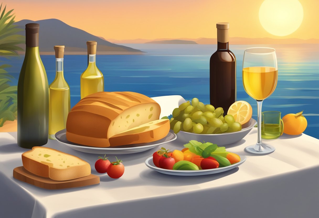 A table set with fresh fruits, vegetables, and olive oil. A bottle of wine and a loaf of bread. The sun setting over the sea