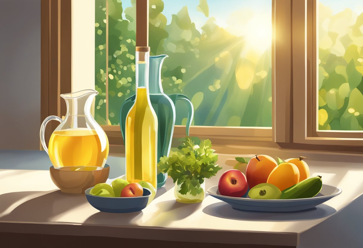 A table set with fresh fruits, vegetables, and olive oil. A pitcher of water and a glass sit nearby. The sun is shining through an open window, casting a warm glow on the scene