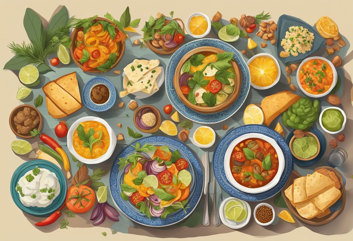 A table set with colorful Mediterranean dishes, surrounded by diverse cultural symbols and ingredients, evoking a sense of mindfulness and conscious eating