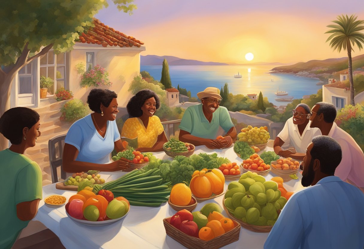 People gather around a table filled with fresh fruits, vegetables, and olive oil. The sun sets over a serene coastal village, as the sound of laughter and conversation fills the air