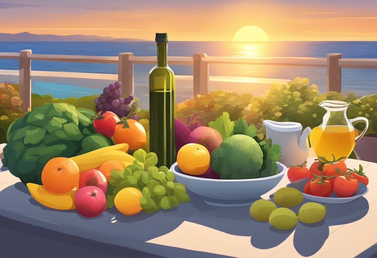 A table set with fresh fruits, vegetables, and olive oil. A yoga mat and running shoes in the corner. The sun setting over the sea