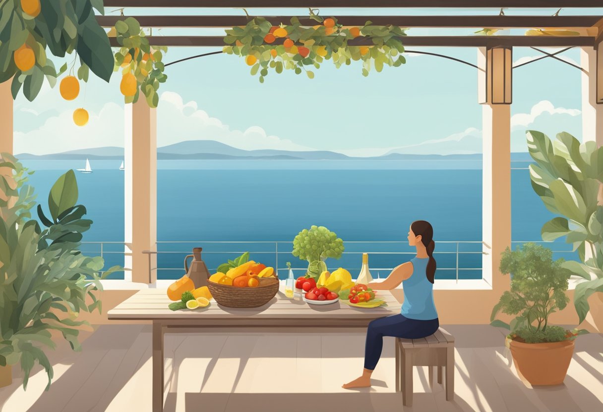 A table filled with fresh fruits, vegetables, and olive oil. A person practicing yoga on a sunny terrace overlooking the sea