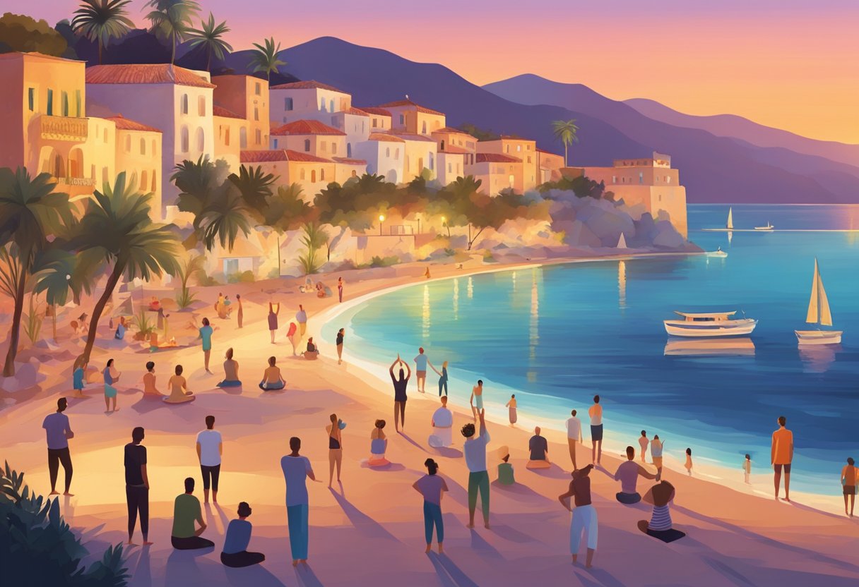 A serene Mediterranean beach at sunset, with people engaging in yoga, swimming, and leisurely strolls. A vibrant scene of active and relaxed rituals