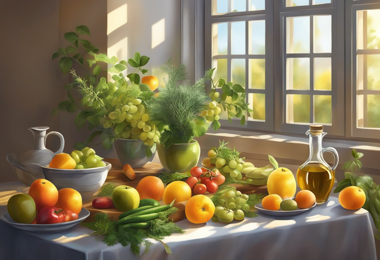 A table adorned with fresh fruits, vegetables, olive oil, and herbs. A morning sunlight streams through a window, casting a warm glow on the scene