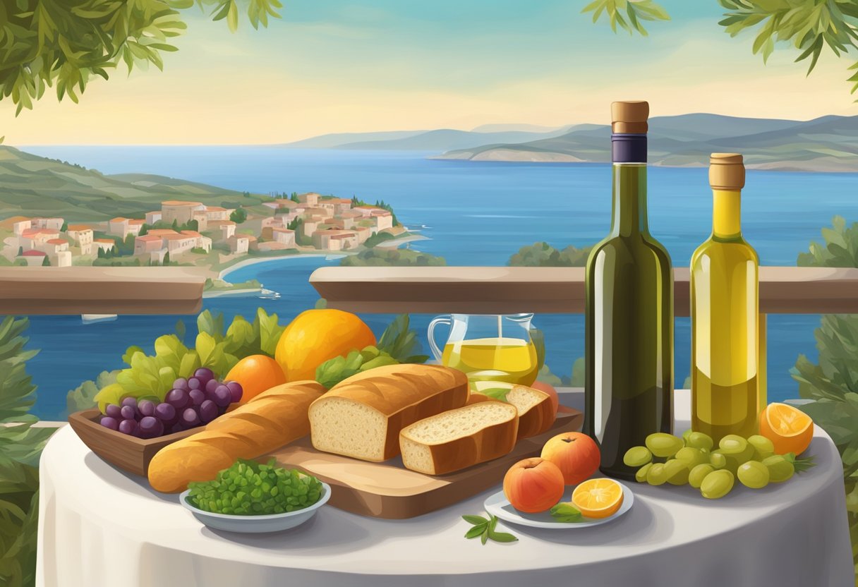 A table set with fresh fruits, vegetables, and olive oil. A bottle of wine and a loaf of bread. A serene view of the Mediterranean sea in the background