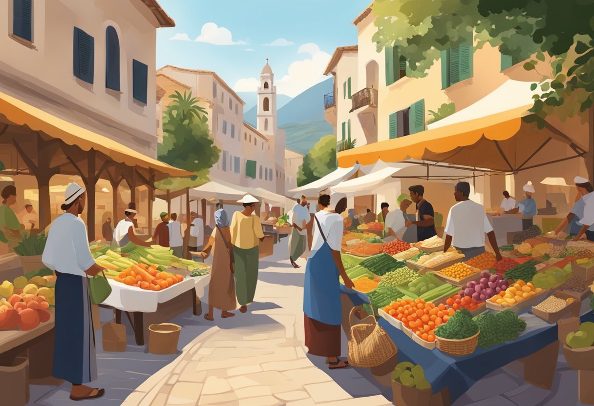 A bustling Mediterranean marketplace, with vendors selling fresh produce and locals engaging in daily rituals like enjoying leisurely meals and socializing outdoors