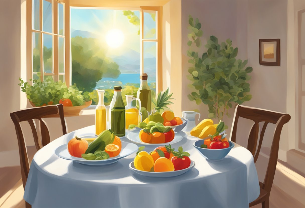 A table set with fresh fruits, vegetables, and olive oil. A person sitting down to enjoy a leisurely meal with family or friends. The warm Mediterranean sun shining through the open windows