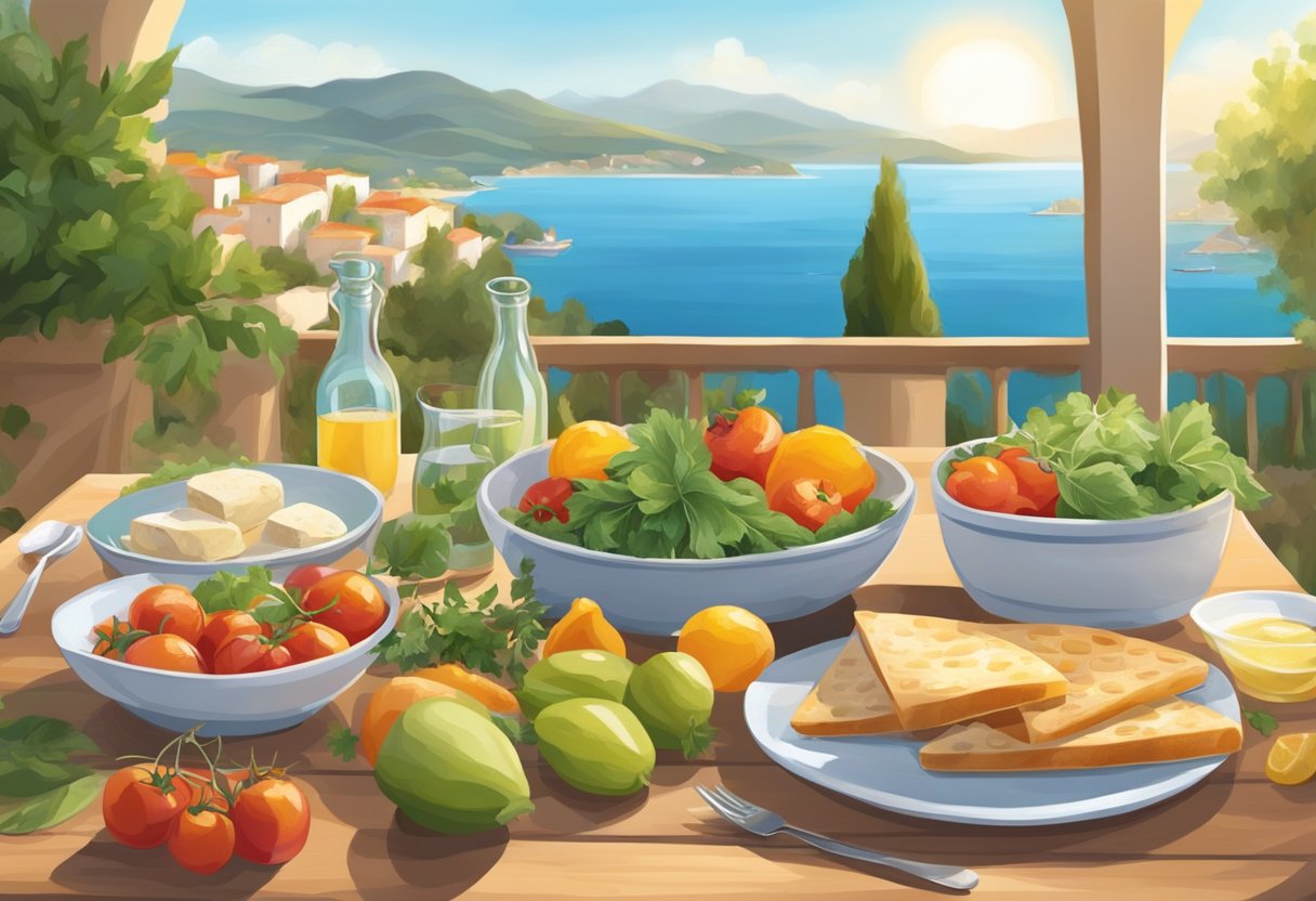 A table set with vibrant, fresh Mediterranean ingredients. A serene, sun-drenched landscape in the background. A sense of mindful, intentional eating