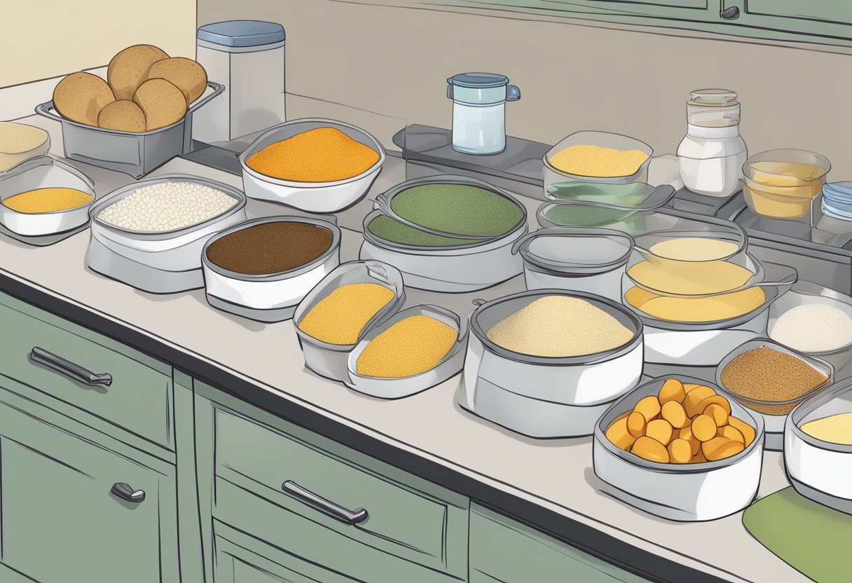 A kitchen counter with separate areas for gluten-free and gluten-containing ingredients, clearly labeled and organized