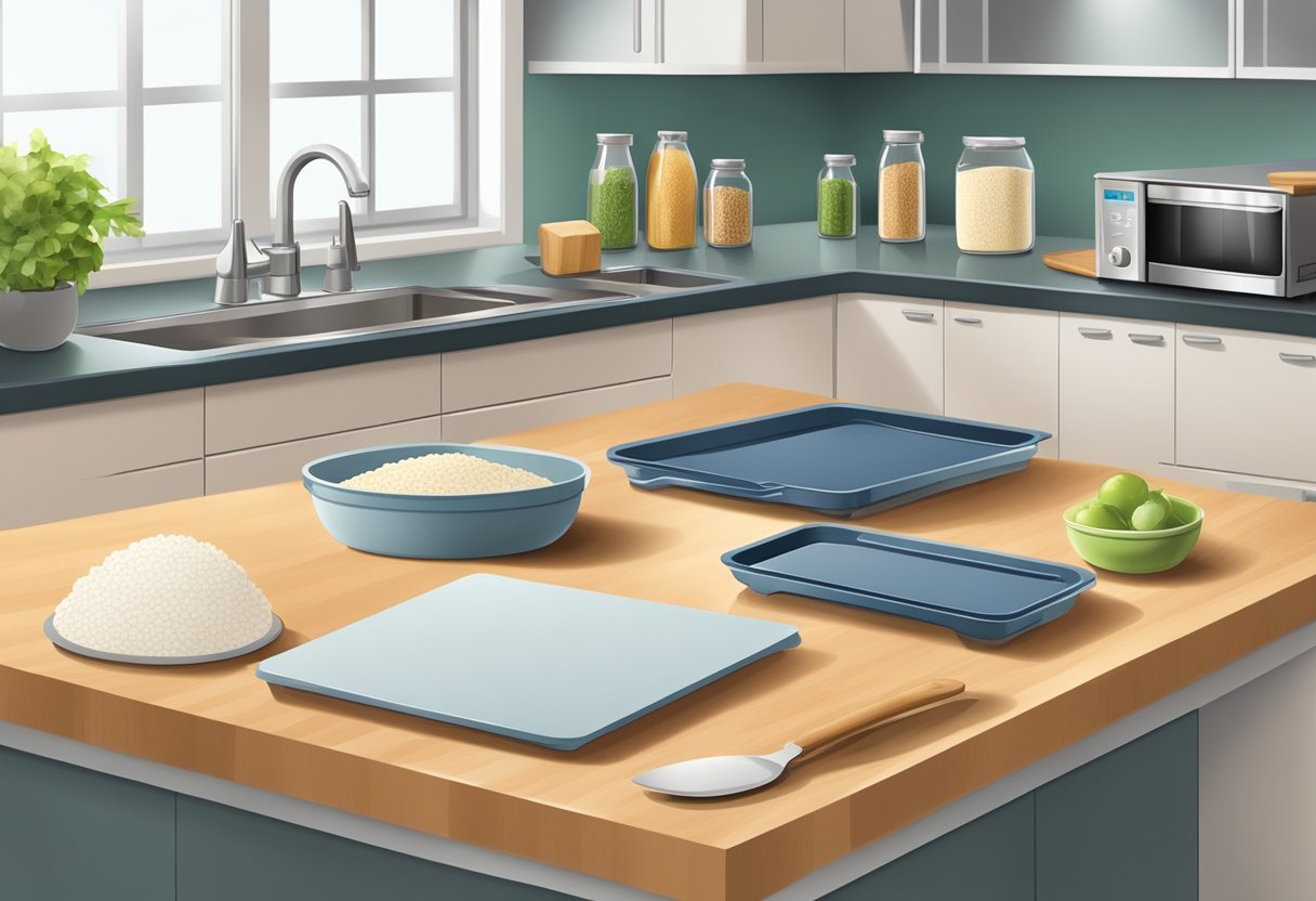 A kitchen counter with separate cutting boards for gluten-free and regular foods, labeled containers for ingredients, and a clear separation of utensils for cooking and serving