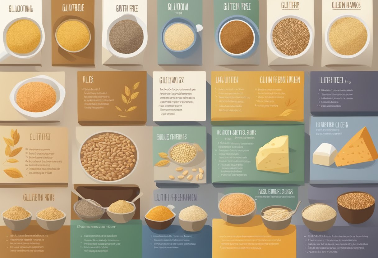 A colorful spread of various grains and foods, with labels highlighting gluten-containing and gluten-free options