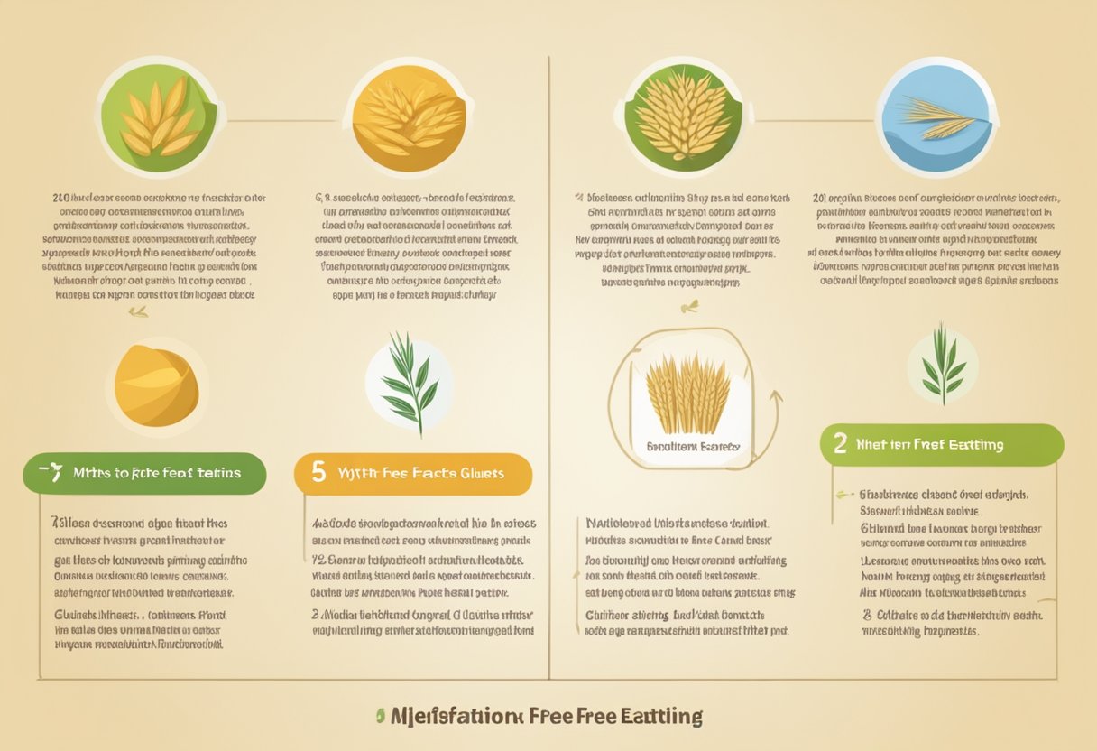 A table with two columns: "Myths" and "Facts" about gluten-free eating. Icons of wheat and a crossed-out wheat symbol to represent misinformation