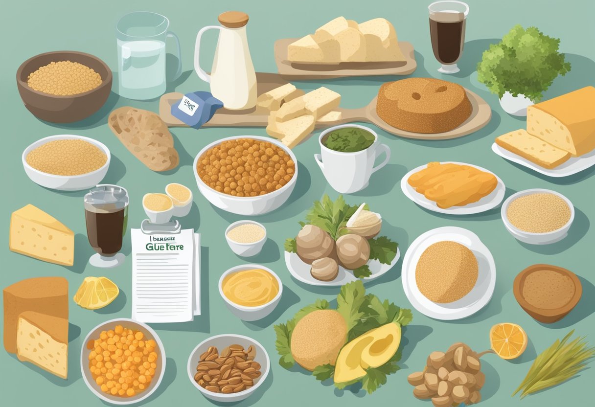 A table with a variety of foods, some labeled "gluten-free" and others not, surrounded by informational posters debunking myths about gluten-free eating