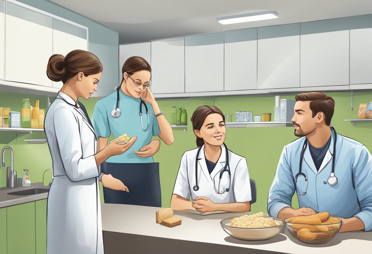 Healthcare professionals discussing gluten-free diet options in a clinic setting