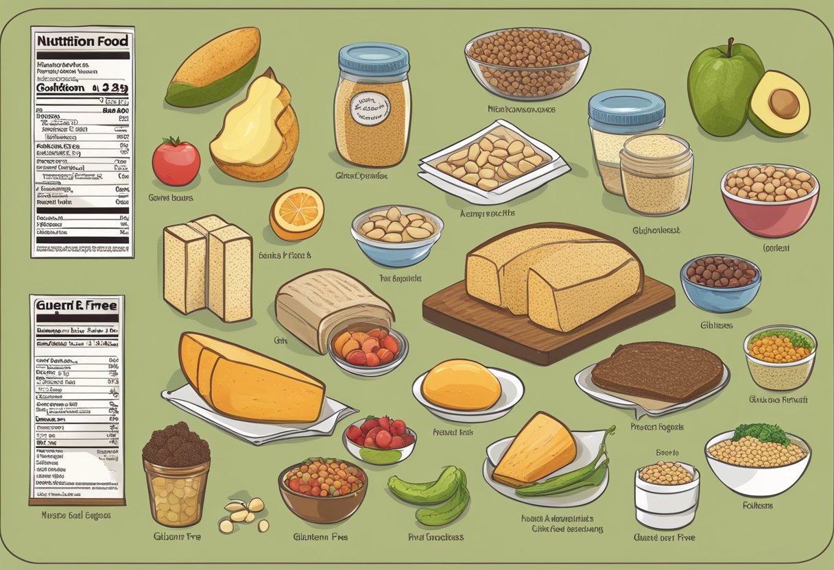 A variety of gluten-free foods displayed on a table, including fruits, vegetables, grains, and packaged products. A nutrition label and a list of gluten-free options are visible in the background