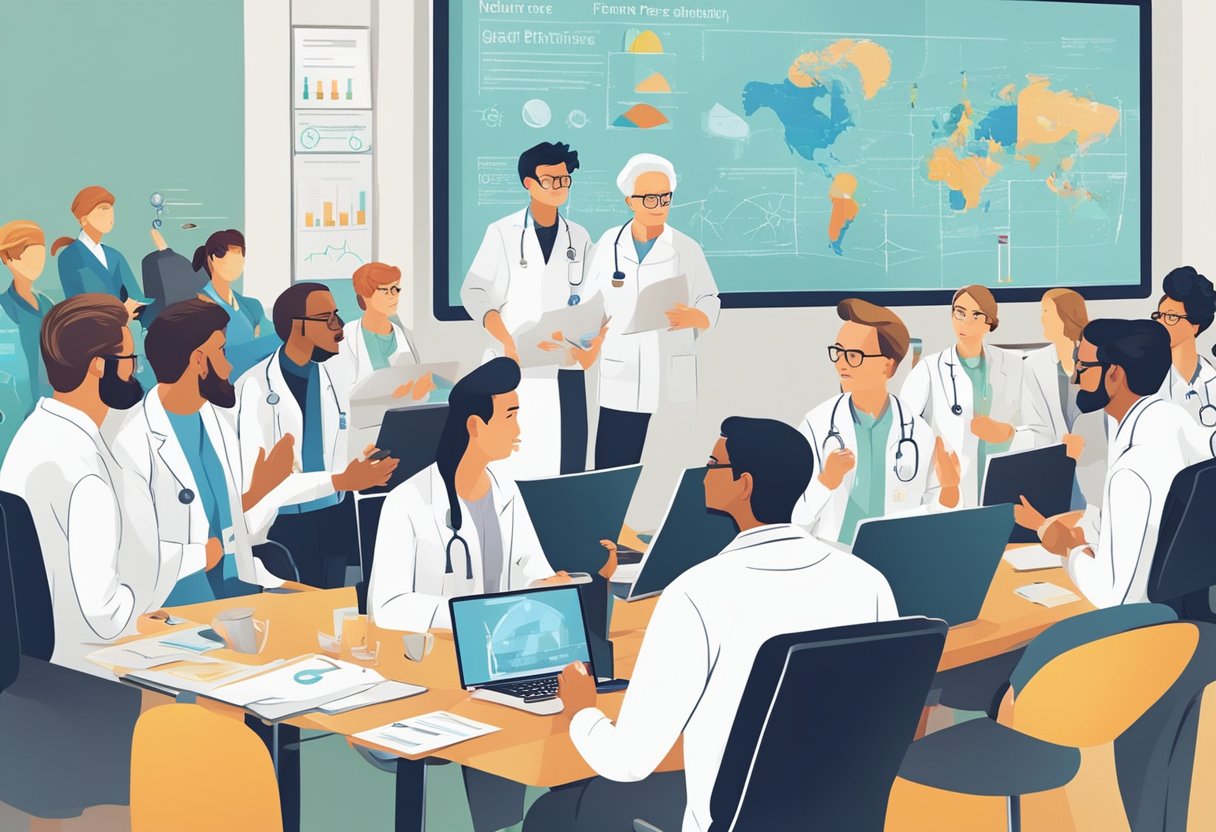 A group of scientists from different countries discuss gluten-free diet regulations at a global conference, surrounded by charts and graphs