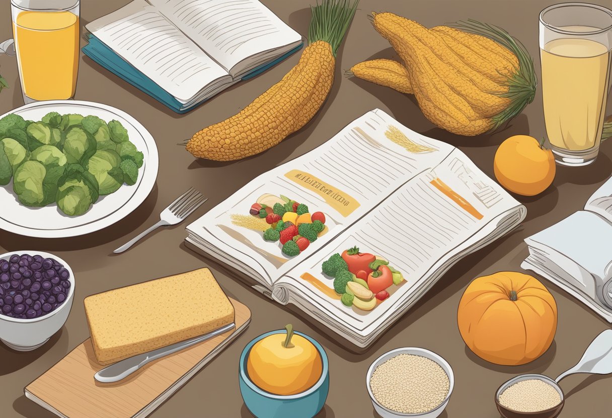 A table set with various gluten-free foods, including fruits, vegetables, and grains. A person reading a book titled "The Gluten-Free Diet: Essentials and Challenges" sits nearby