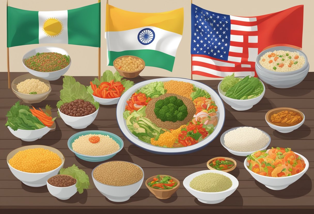 A table set with a variety of gluten-free foods from different cultures, including rice dishes, vegetable stir-fries, and quinoa salads, with international flags displayed in the background