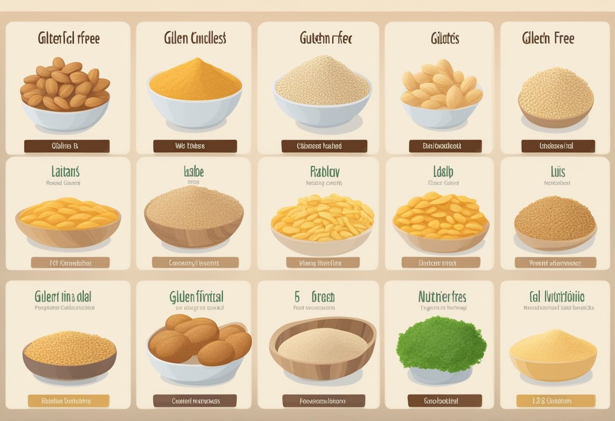 A table displays various gluten-free products with their nutritional content labels from different countries