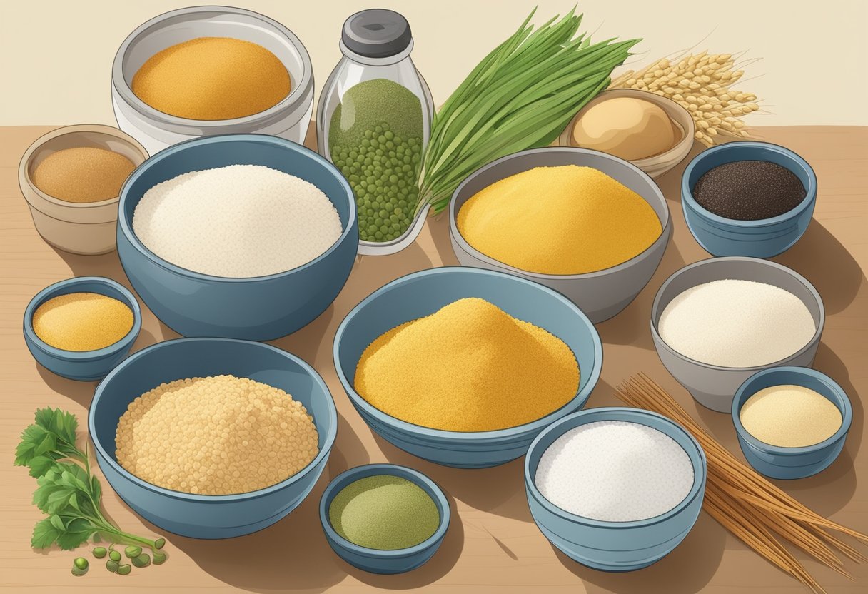 A diverse array of gluten-free ingredients from around the world, such as rice flour, quinoa, and chickpea flour, are displayed on a kitchen counter alongside various recipe books and cooking utensils