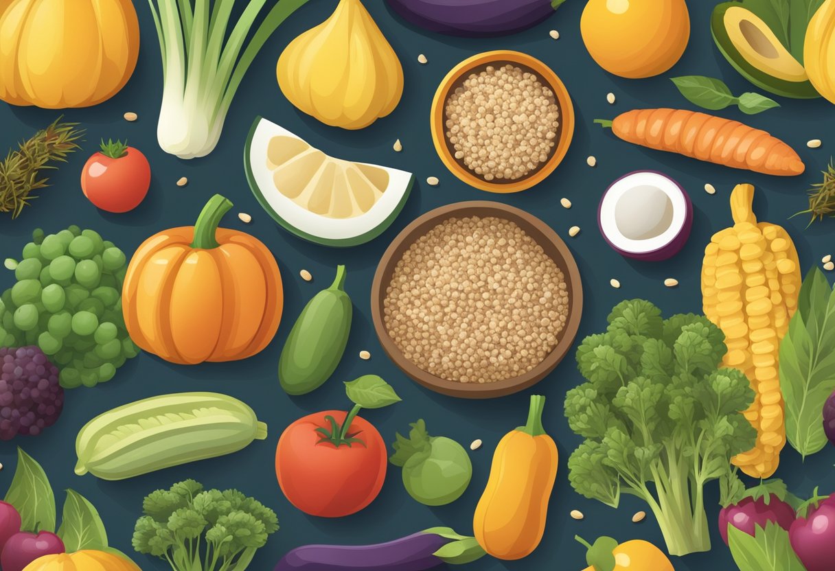 A variety of gluten-free grains, fruits, and vegetables displayed with a focus on their nutritional benefits and alternatives