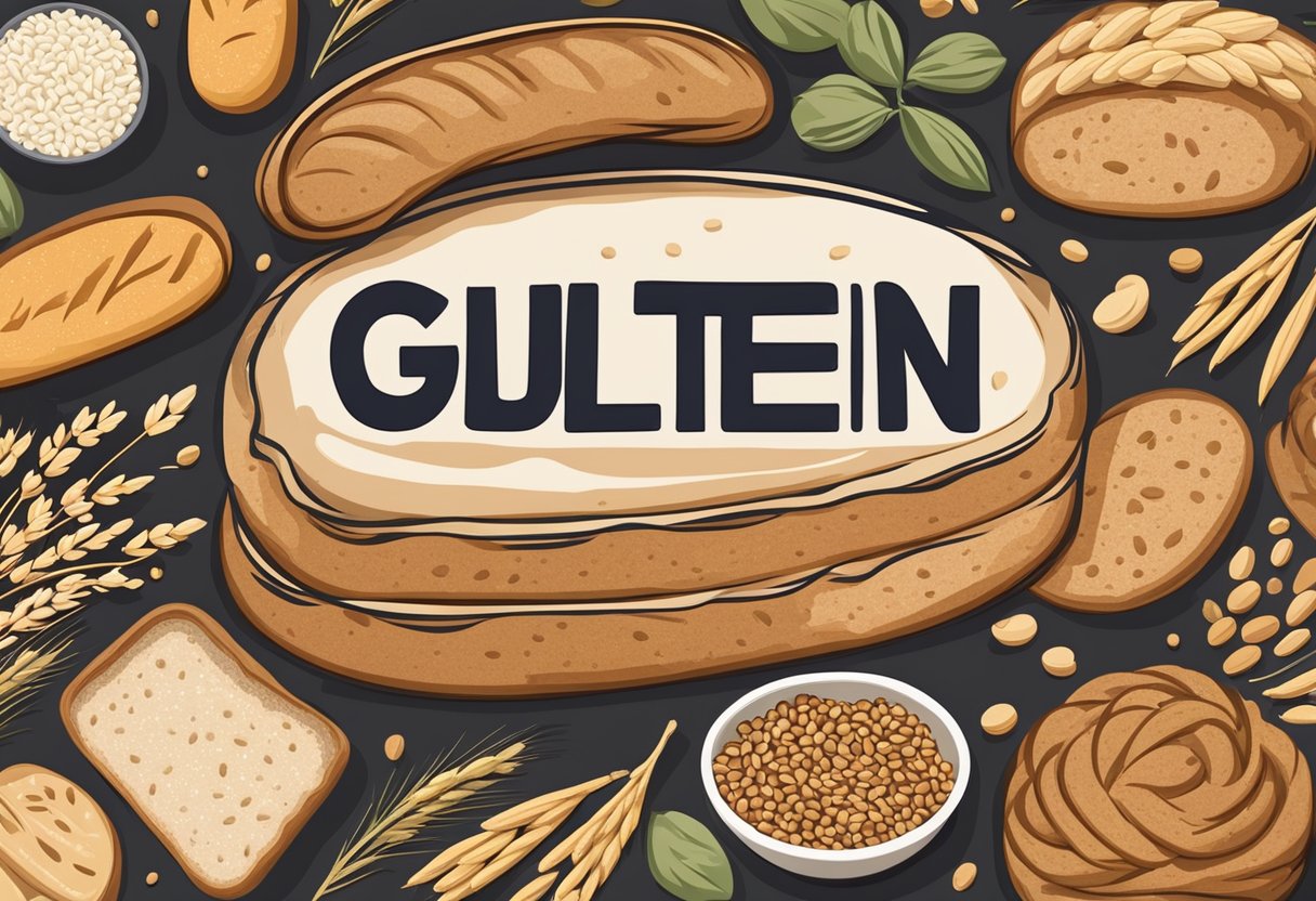 A loaf of bread with the word "gluten" in bold letters, surrounded by various grains and cereals