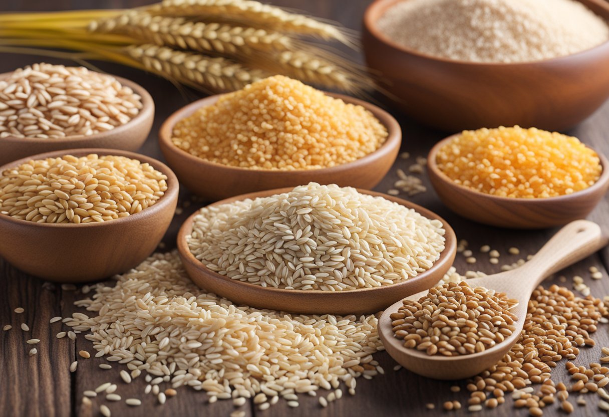 A variety of whole grains, such as quinoa, brown rice, and millet, are displayed on a table with a prominent "gluten-free" label