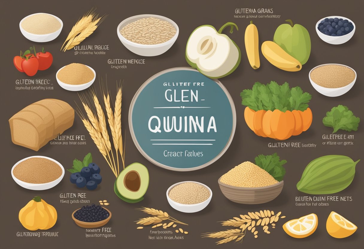 A variety of whole grains, such as quinoa, brown rice, and oats, are displayed on a table next to fresh fruits and vegetables. The grains are labeled "gluten-free" to highlight their role in a healthy diet