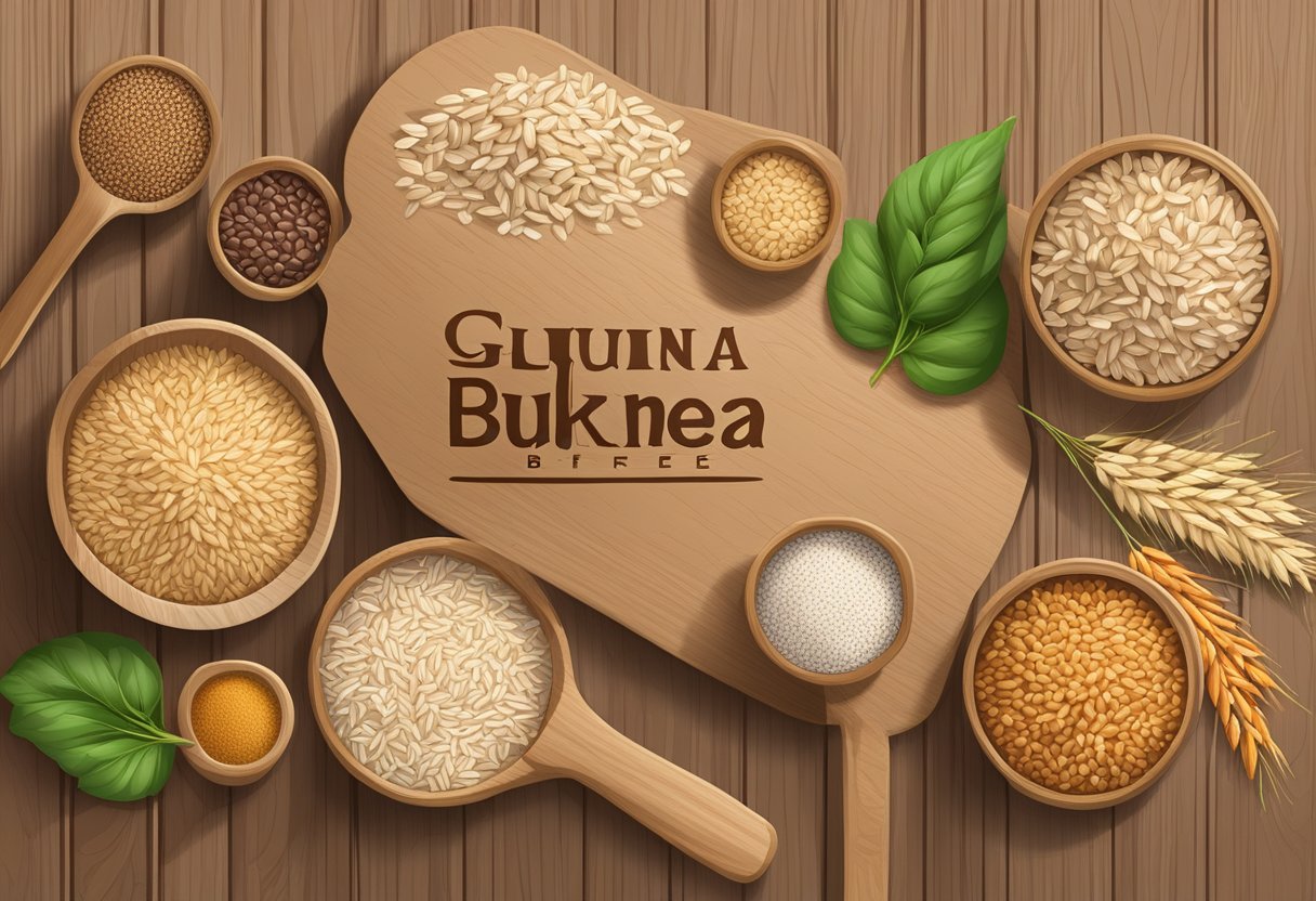 A variety of whole grains such as quinoa, brown rice, and buckwheat arranged on a wooden cutting board with a gluten-free label