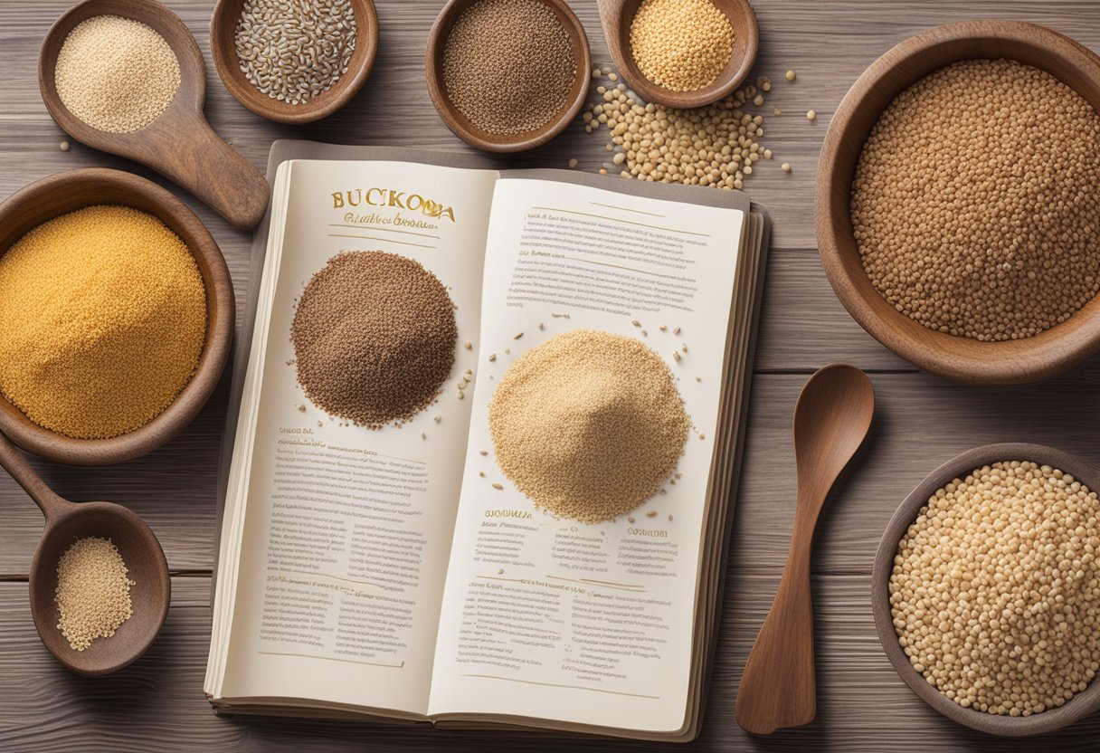 A colorful array of whole grains, such as quinoa, brown rice, and buckwheat, arranged on a rustic wooden table, with a gluten-free cookbook open to a recipe page in the background