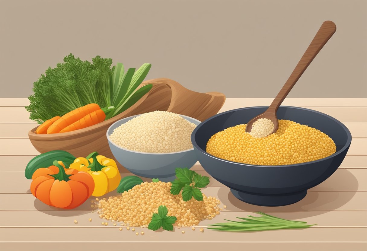 A bowl of cooked millet surrounded by colorful vegetables and herbs, with a scoop of quinoa and other gluten-free grains in the background