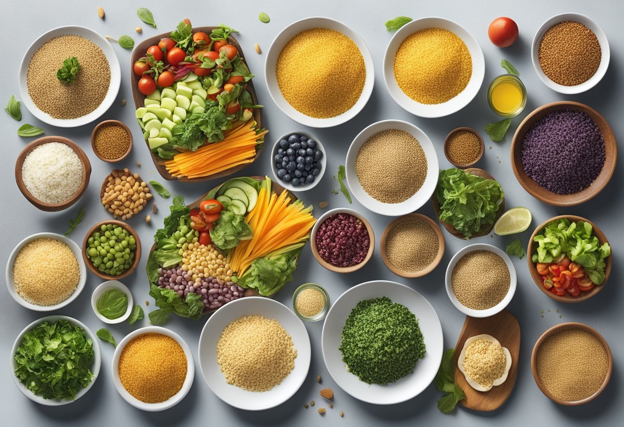 A table spread with colorful salads and side dishes featuring quinoa, millet, and other gluten-free grains. The dishes are arranged in an inviting and appetizing display, highlighting the cultural significance of these grains