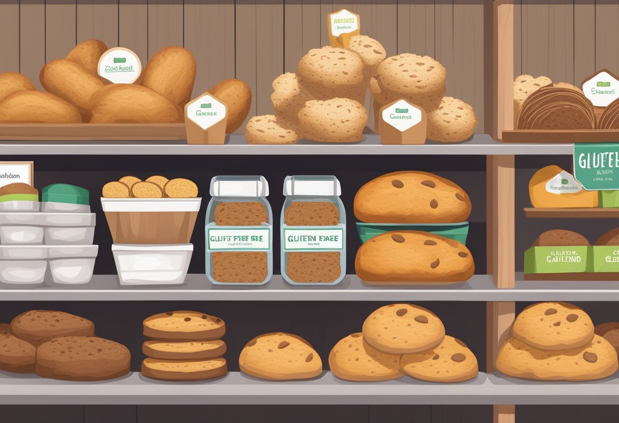 A display of store-bought gluten-free baked goods, including bread, cookies, and muffins, arranged on wooden shelves with labels and packaging indicating their gluten-free status