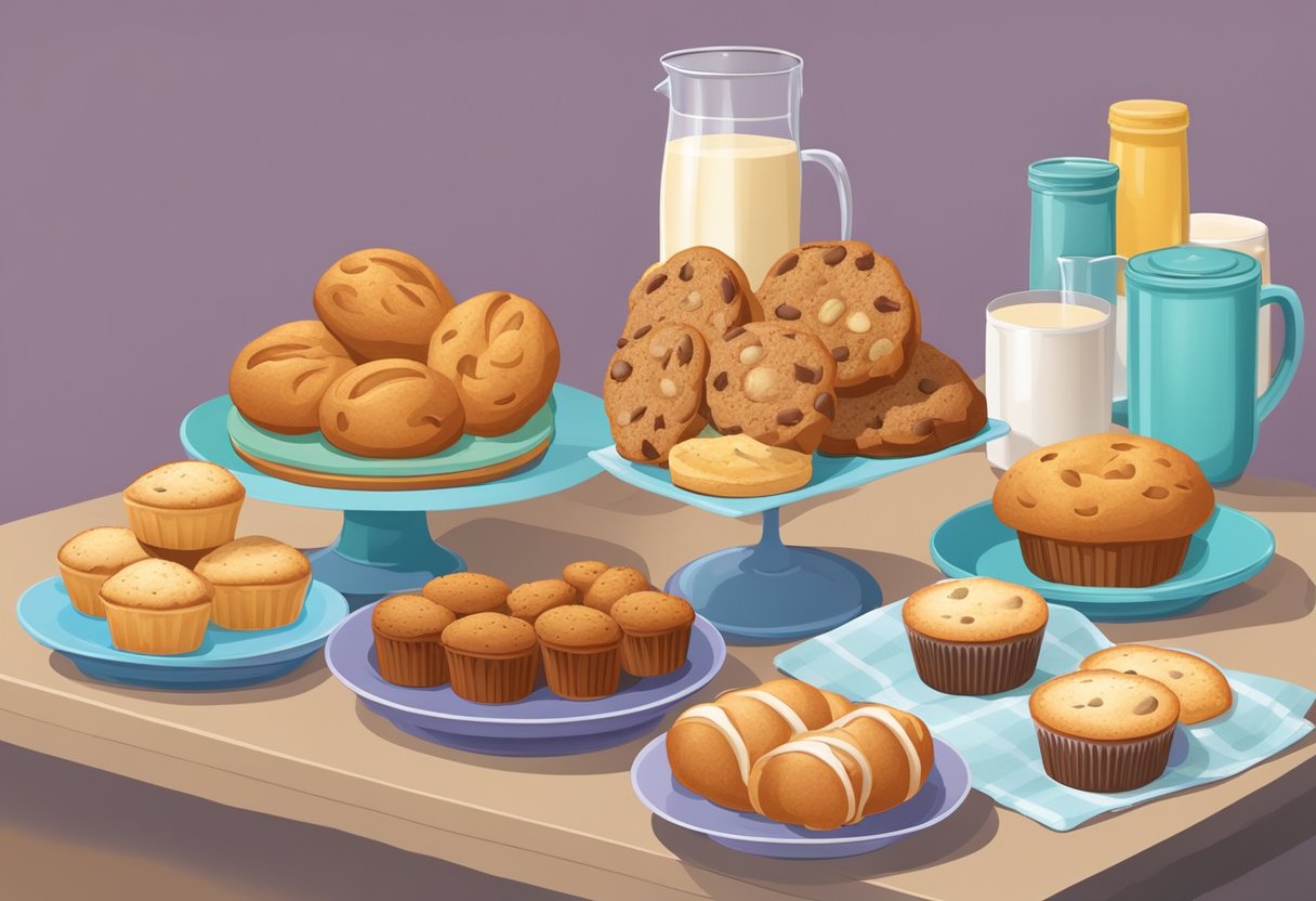 A table displays a variety of store-bought gluten-free baked goods, including bread, muffins, and cookies, neatly arranged on colorful plates and stands