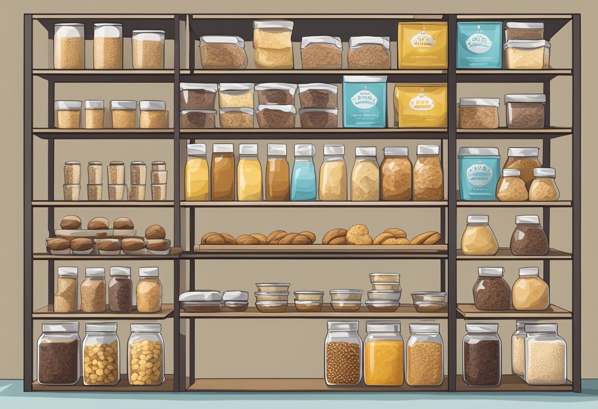 A display of various store-bought gluten-free baked goods arranged neatly on shelves with clear labels and packaging