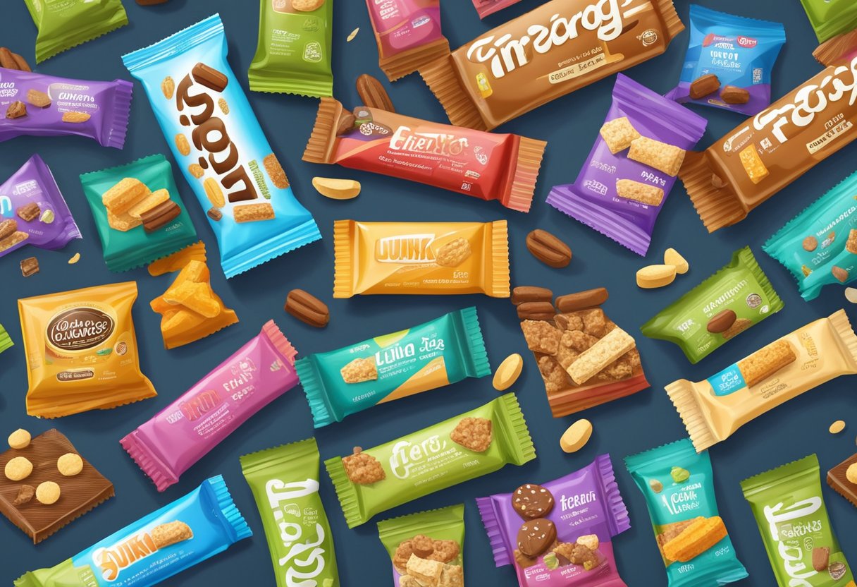 A variety of energy bars and gluten-free junk food are arranged on a table, surrounded by colorful packaging and enticing flavors