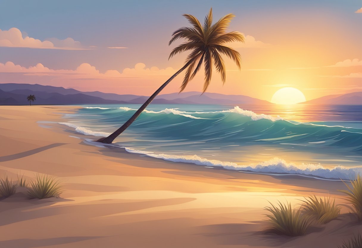 A serene beach at sunset, with gentle waves and a calm breeze, surrounded by lush greenery and colorful flowers