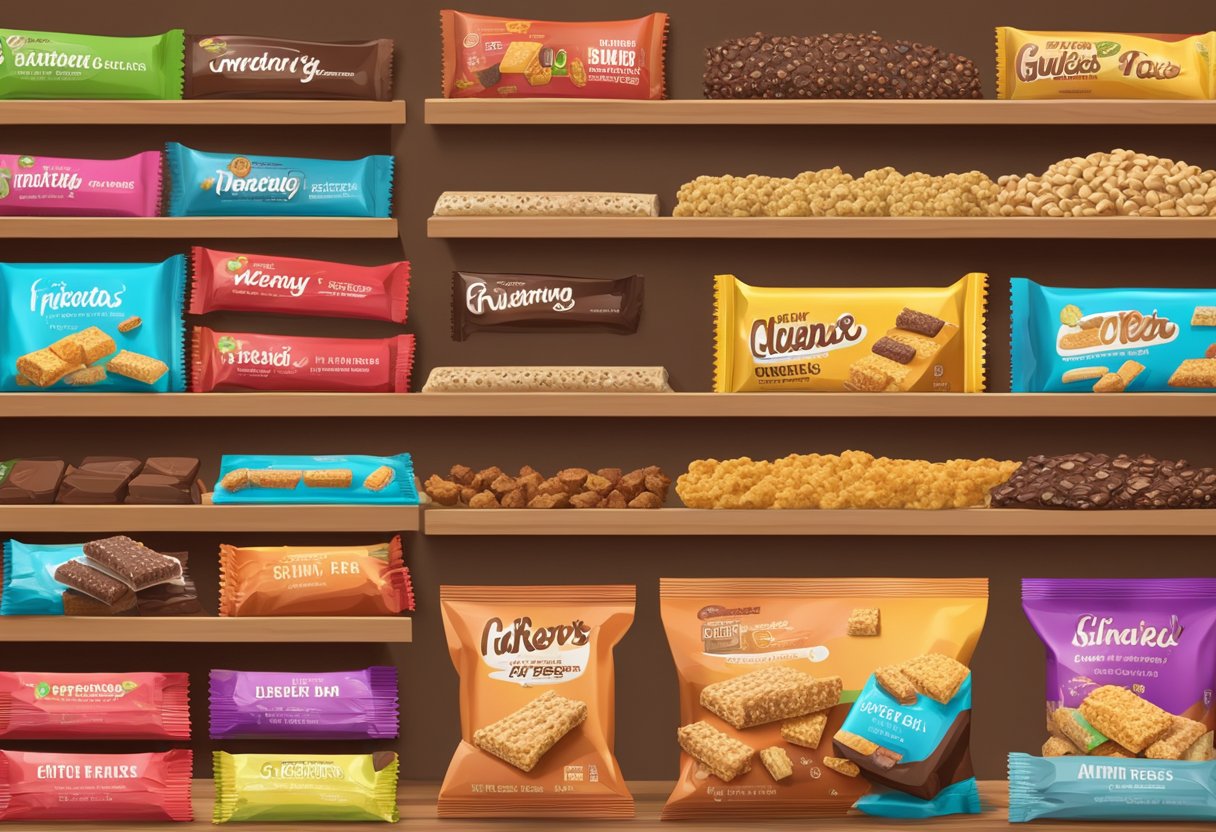 An array of energy bars and gluten-free junk food displayed on a wooden table, with colorful packaging and various flavors