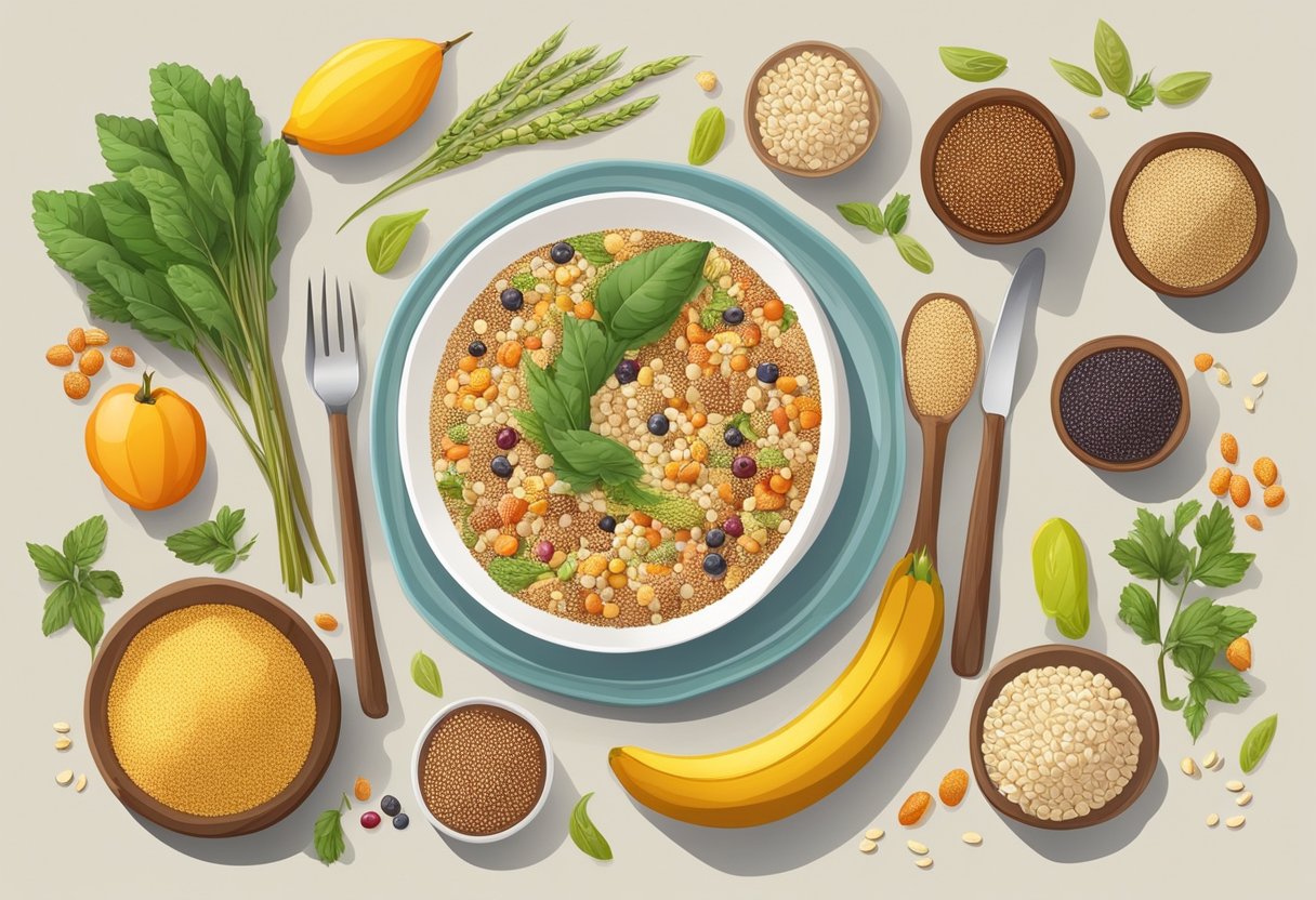 A table set with a variety of gluten-free grains, including quinoa, buckwheat, and millet, surrounded by colorful fruits, vegetables, and herbs