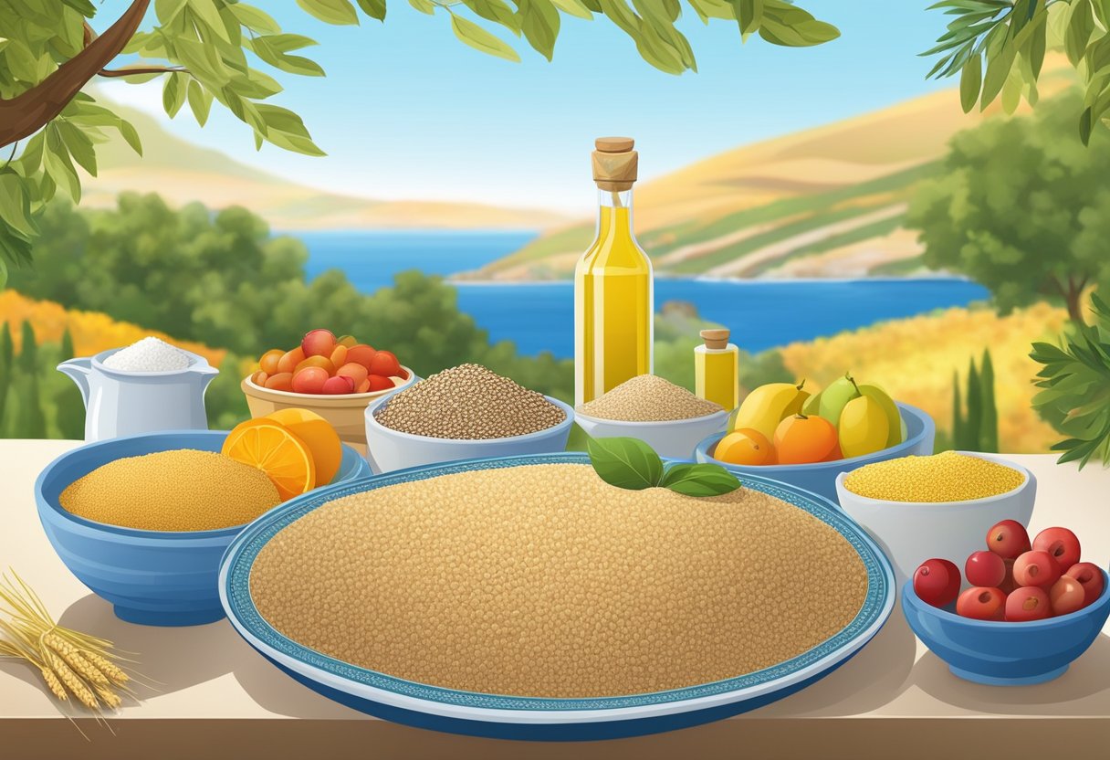 A table set with a variety of gluten-free grains like quinoa, rice, and buckwheat, surrounded by colorful fruits, vegetables, and olive oil. The backdrop is a serene Mediterranean landscape with rolling hills and a clear blue sky