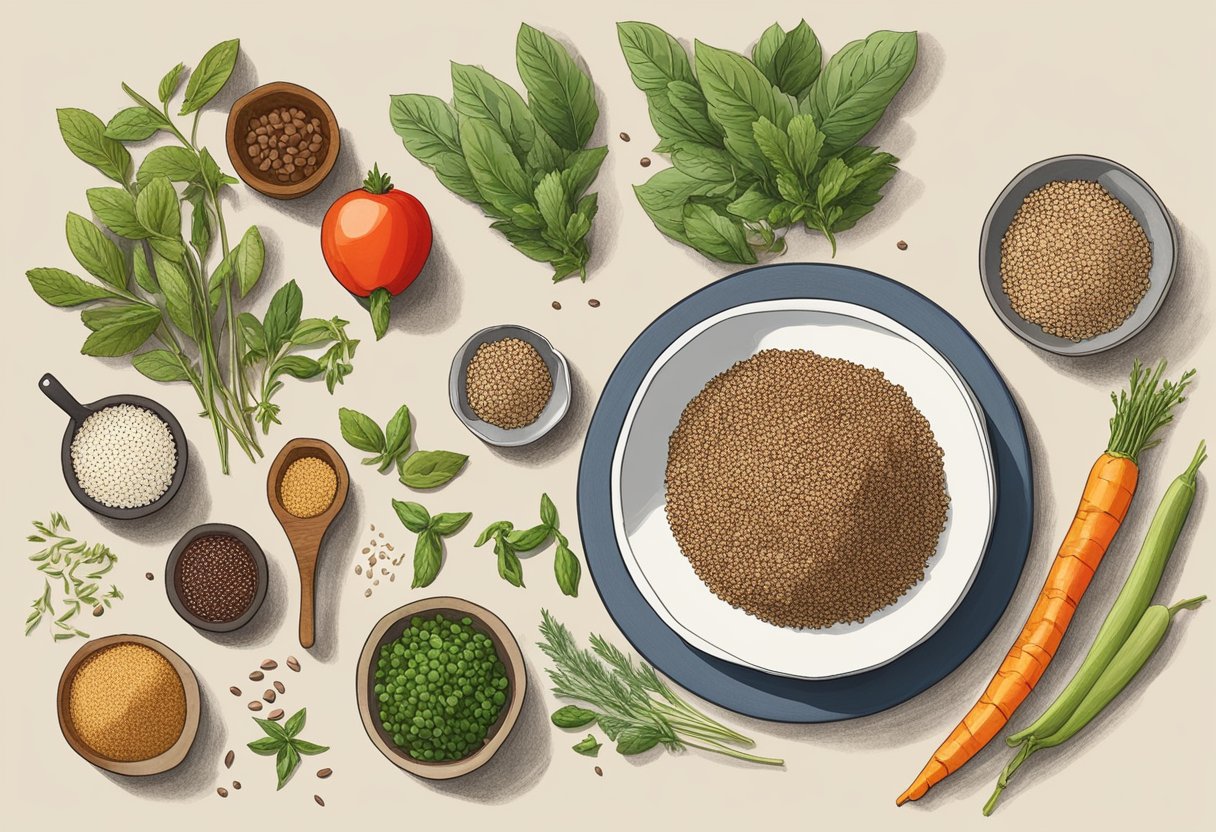 A table with a variety of gluten-free grains like quinoa, buckwheat, and rice. Surrounding the table are colorful fruits, vegetables, and olive oil