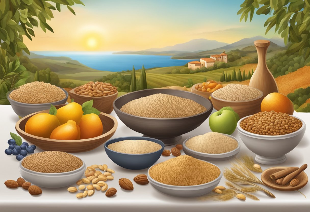 A table set with an assortment of gluten-free grains, nuts, and fruits, surrounded by vibrant Mediterranean landscapes and traditional cooking utensils