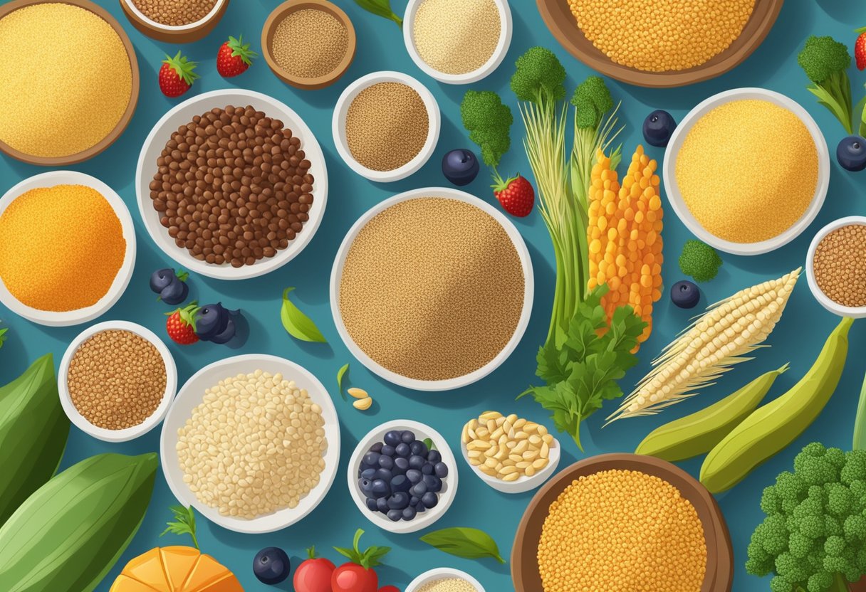 A table with a variety of gluten-free grains like quinoa, rice, and millet, surrounded by colorful Mediterranean fruits and vegetables