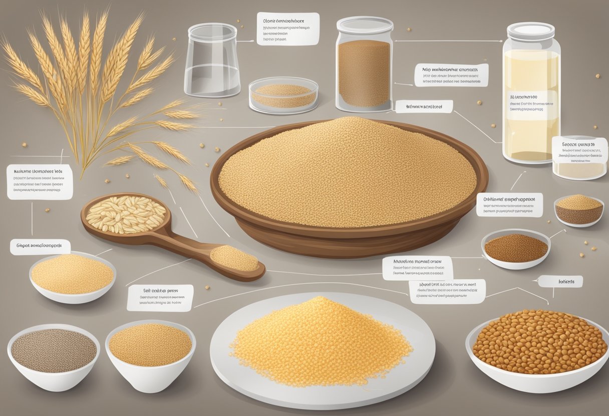 A lab table with gluten-free grains and gluten-containing whole grains, with research equipment and notes on their effects