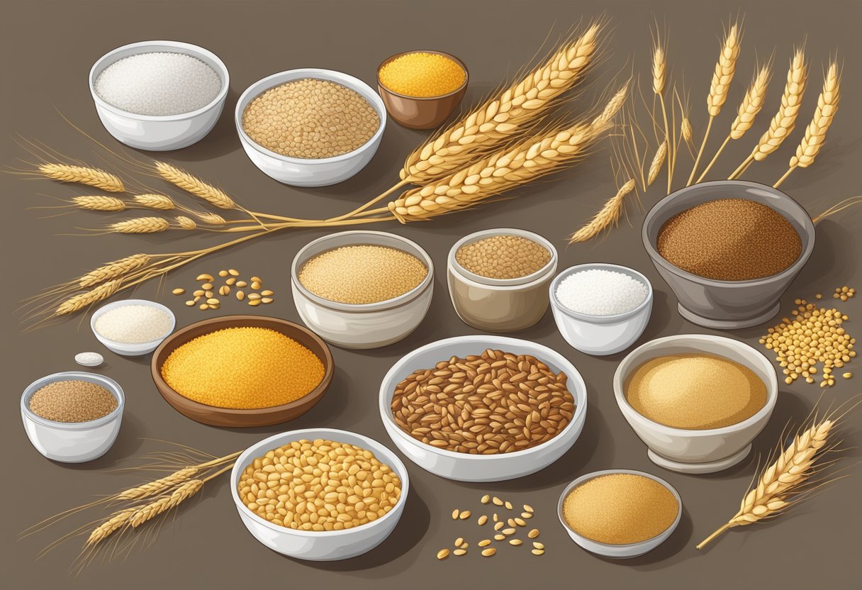 A table with wheat, barley, and rye grains next to their gluten-free alternatives like quinoa, rice, and corn