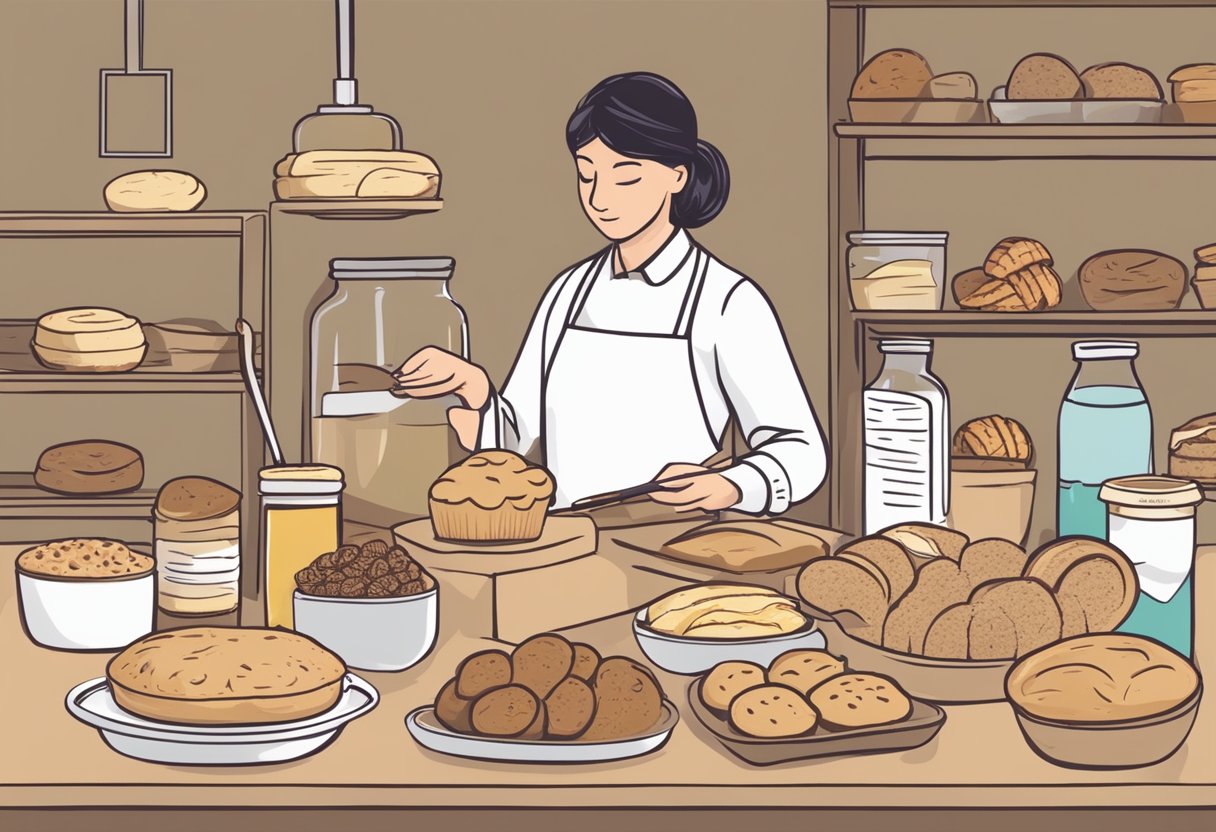 A table with various baked goods, some labeled gluten-free, others not. A person reading a list of common gluten-containing ingredients