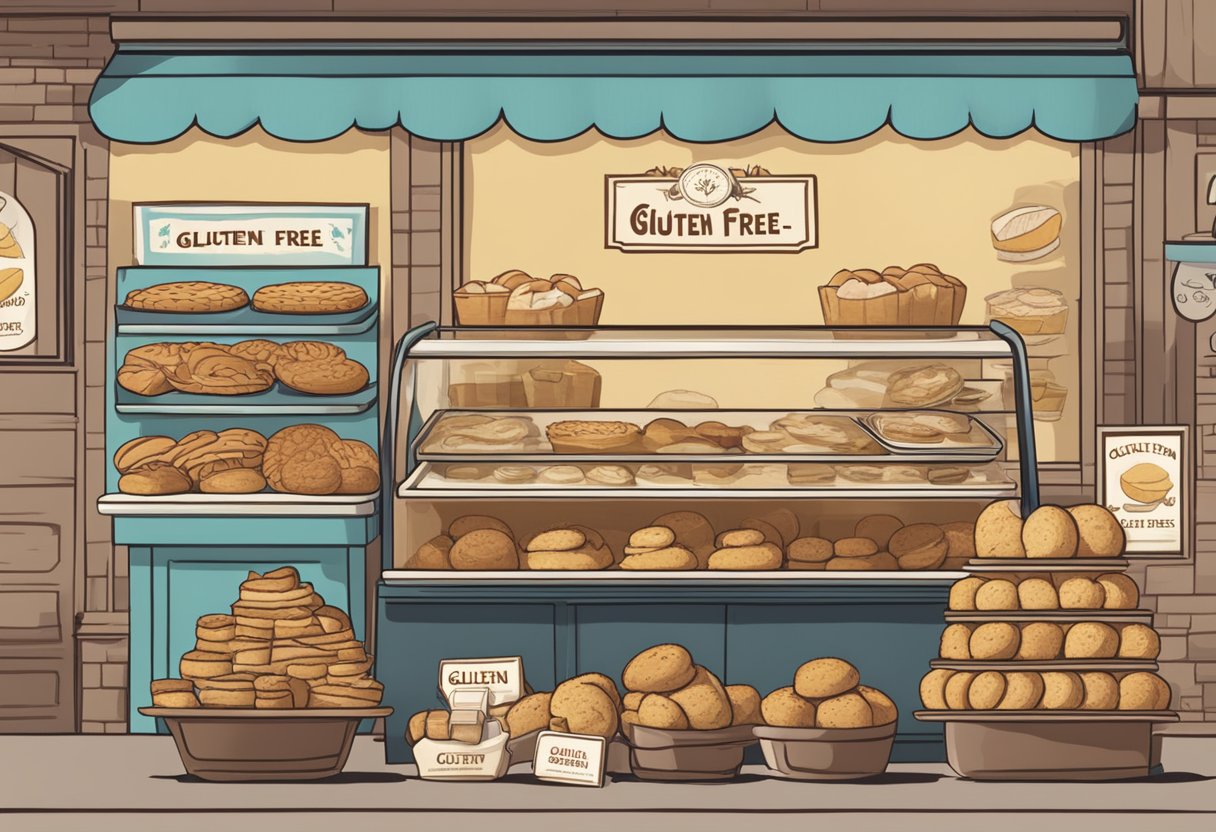 A table displays various baked goods. A sign reads "Gluten-Free" while another labels items containing gluten